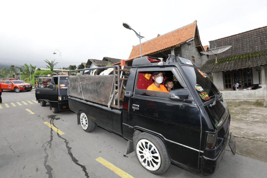 Warga dibantu Tim Siaga Desa (TSD) Tlogolele mengevakuasi hewan ternak di Desa Stabelan, Kecamatan Selo, Kabupaten Boyolali, Jawa Tengah, Senin (26/4).