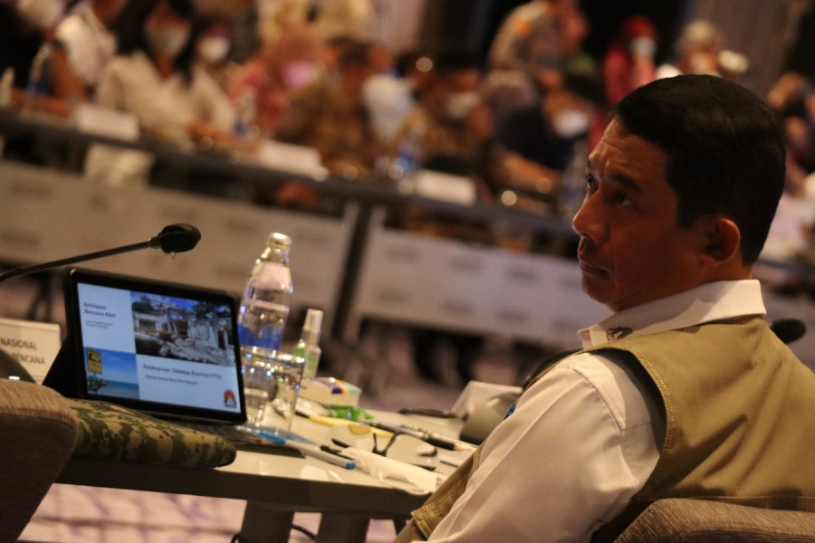 Kepala BNPB Letjen TNI Suharyanto pada Rapat Koordinasi Persiapan Infrastruktur, Logistik, Media dan Komunikasi, Keamanan, Side Event dan Kesehatan di Hotel Renaissance Bali, Nusa Dua, Kamis (10/11).