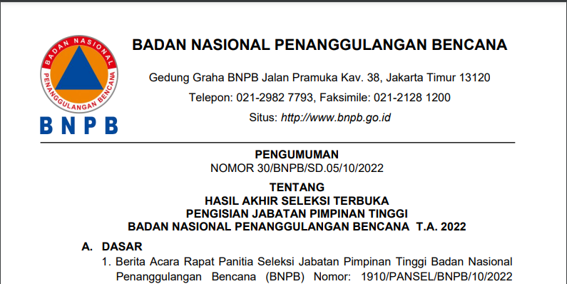 Hasil Akhir Seleksi Terbuka Pengisian Jabatan Pimpinan Tinggi Badan Nasional Penanggulangan Bencana T.A. 2022