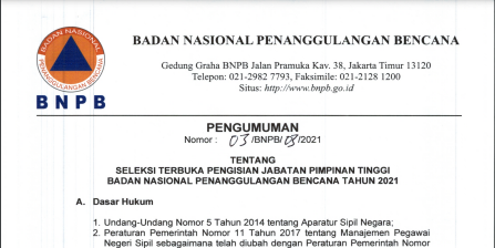 PENGUMUMAN 03 Seleksi Pengisian Terbuka Jabatan Pimpinan Tinggi BNPB Tahun 2021