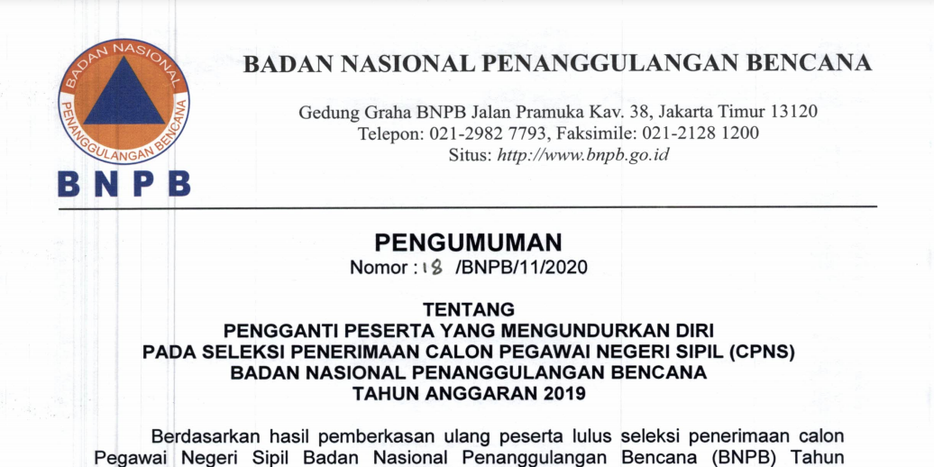 Pengumuman Pengganti CPNS TA 2019