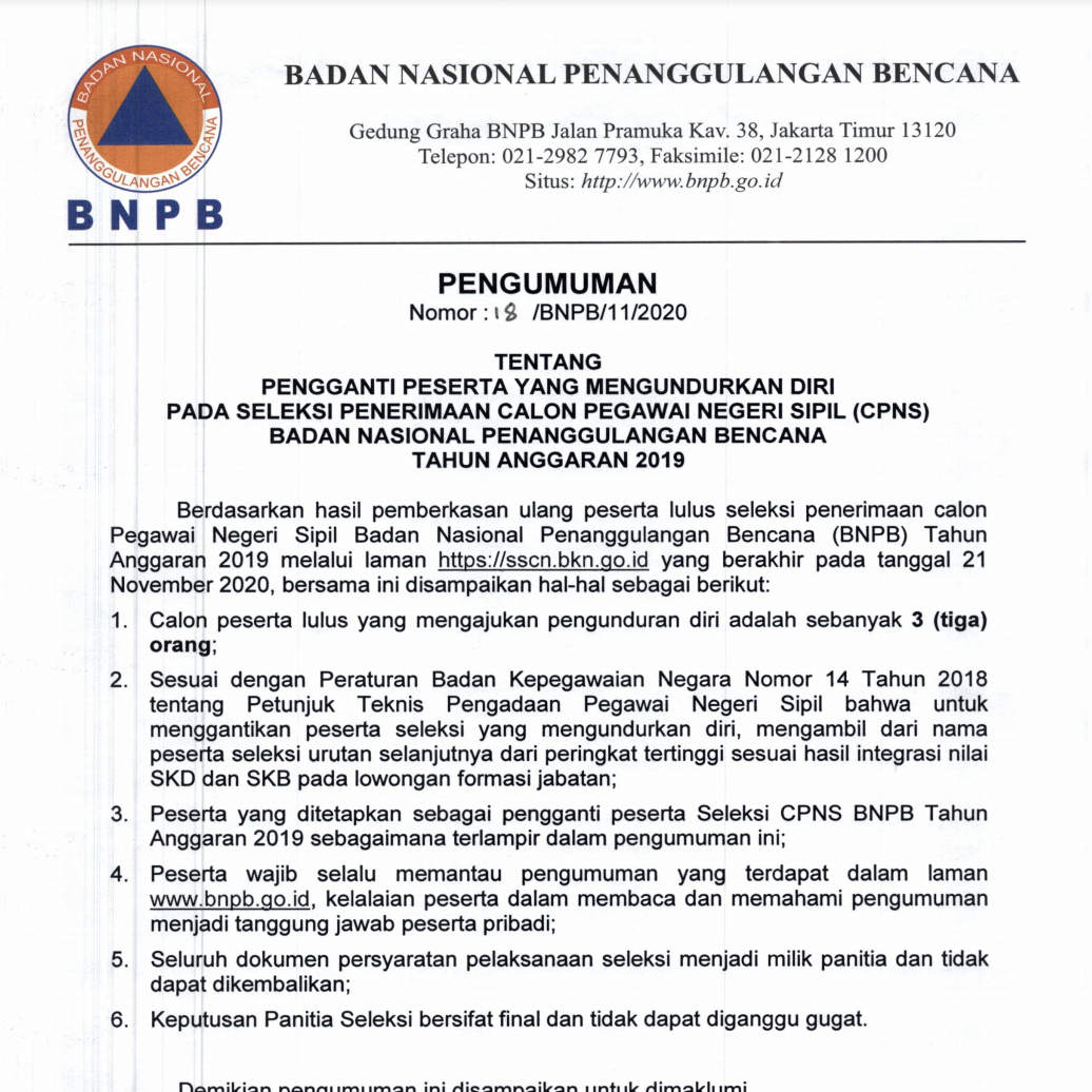 Pengumuman Pengganti CPNS TA 2019