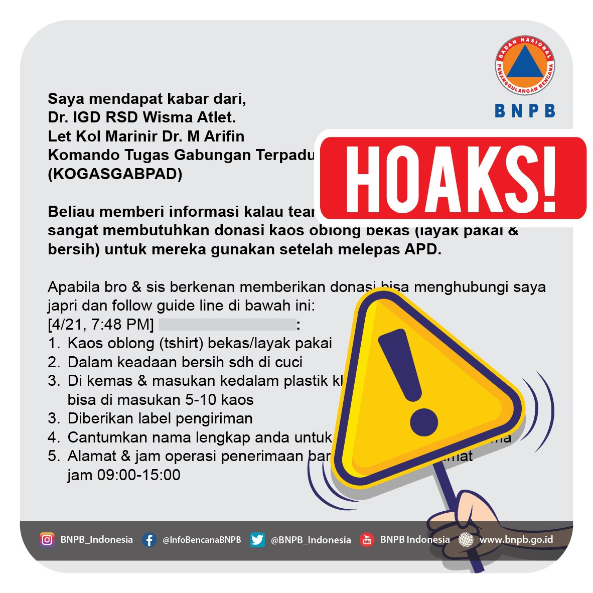 Hoaks: Permintaan Petugas Penanganan COVID – 19 Butuh Kaos Layak Pakai dan Bersih