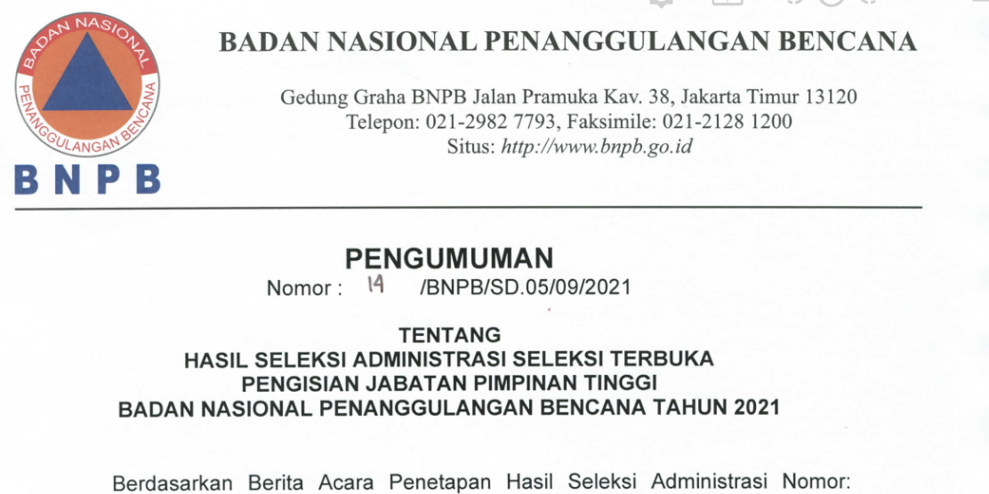 Pengumuman Tentang Hasil Akhir Seleksi Terbuka Pengisian Jabatan Pimpinan Tinggi BNPB